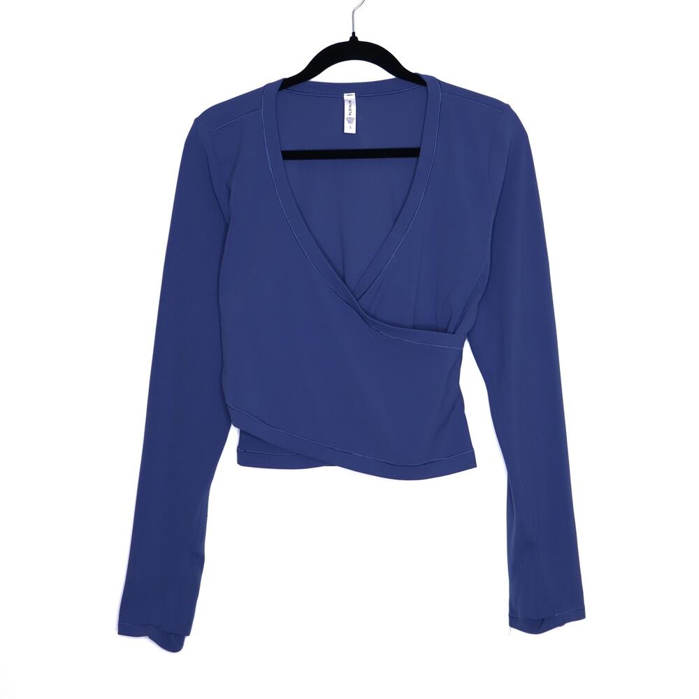 ATHLETA Transcend Wrap Top Chrome Blue Faux Wrap Long Sleeve Active Women's L - Picture 1 of 10